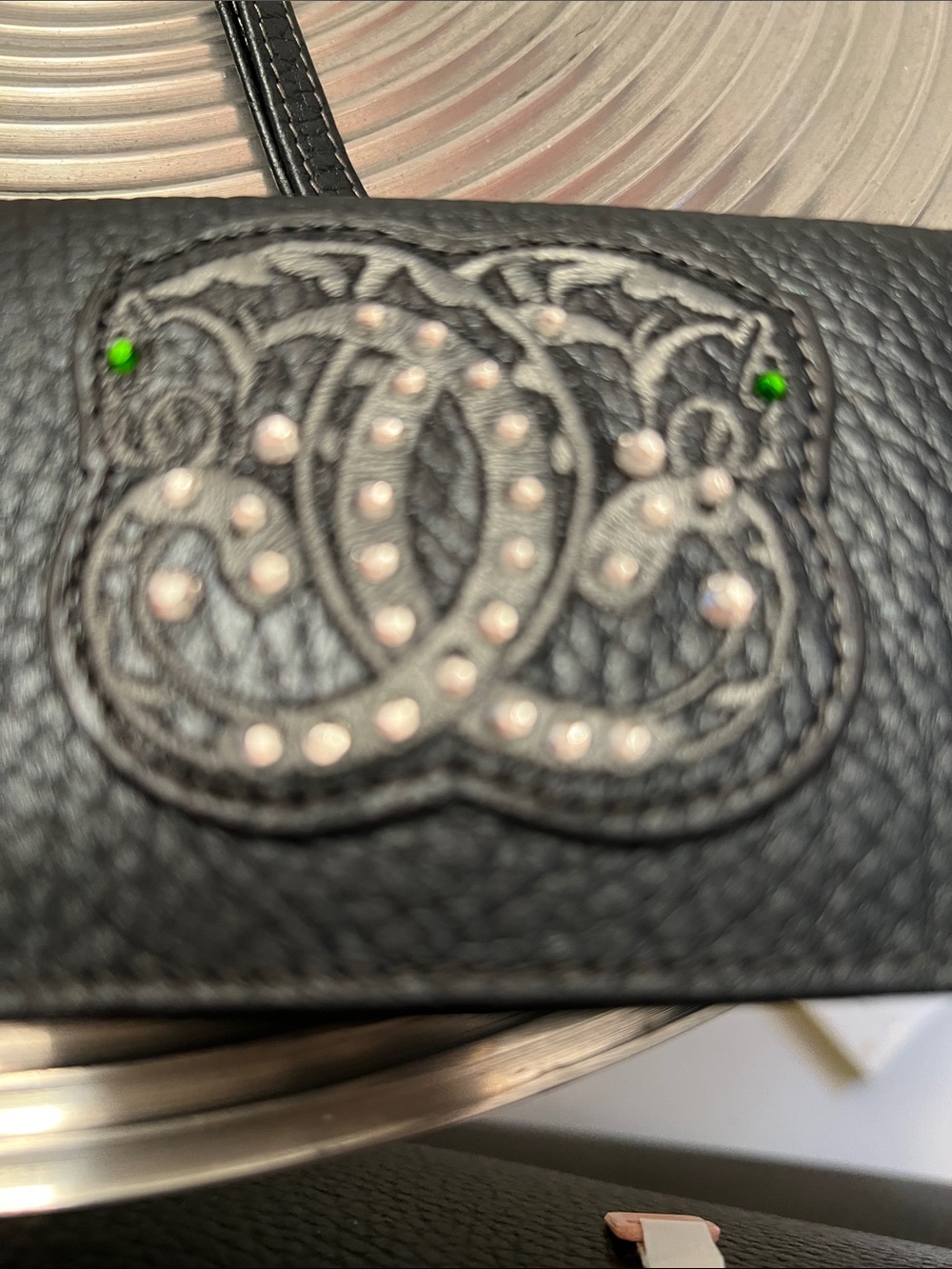 SHARIF 100% Black Leather Wristlet Card Holder with Embellished Logo Patch - Picture 9 of 9